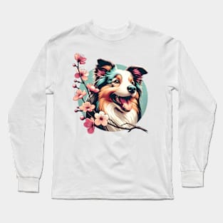 Miniature American Shepherd Enjoys Spring Cherry Blossoms Long Sleeve T-Shirt